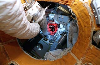 View leading from the interior of the Docking Module into the Mir space station Kristall module.